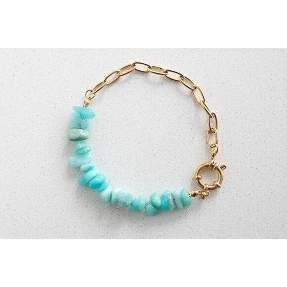 BUNDLE Aqua Chalcedony Drop Earrings & Amazonite Gemstone Bracelet Gold Chain - Picture 8 of 12